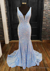 Sheath/Column Trumpet/Mermaid V Neck Sleeveless Velvet Sequins Sweep Train Prom Dresses