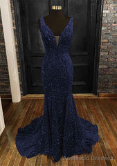 Sheath/Column Trumpet/Mermaid V Neck Sleeveless Velvet Sequins Sweep Train Prom Dresses