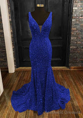 Sheath/Column Trumpet/Mermaid V Neck Sleeveless Velvet Sequins Sweep Train Prom Dresses