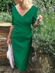 Sheath/Column V-neck Knee-Length Satin Mother of the Bride Dresses With Ruffles