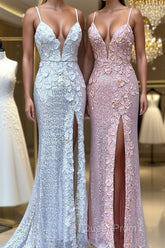 Sheath/Column V-neck Sweep Train Sequins Evening Prom Dresses With Leg Slit