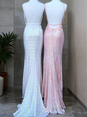 Sheath/Column V-neck Sweep Train Sequins Evening Prom Dresses With Leg Slit