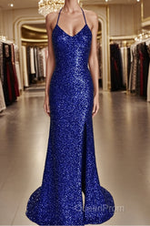 Sheath/Column V-neck Sweep Train Velvet Sequins Evening Prom Dresses With Leg Slit