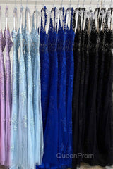 Sheath Halter Lace Tulle Evening Prom Dresses with Appliques