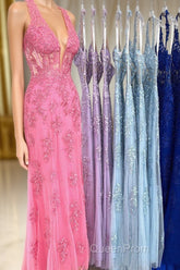 Sheath Halter Lace Tulle Evening Prom Dresses with Appliques