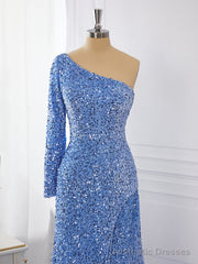 Sheath Long Sleeves Velvet Sequins One-Shoulder Sweep Train Dress