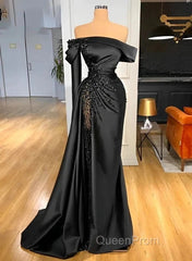 Sheath Off-The-Shoulder Long Sleeves Satin/Sequined Evening Prom Dresses