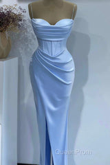 Sheath Spaghetti Straps Satin Pleated Light Blue Long Formal Dresses Bridesmaid Dresses Evening Gown Evening Prom Dresses With Slit