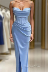 Sheath Spaghetti Straps Satin Pleated Light Blue Long Formal Dresses Bridesmaid Dresses Evening Gown Evening Prom Dresses With Slit