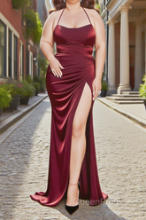 Sheath Square Neckline Sweep Train Dark Red Plus Size Evening Prom Dresses With Pleated Split Formal Evening Dresses