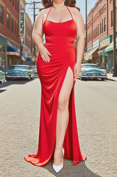 Sheath Square Neckline Sweep Train Red Plus Size Evening Prom Dresses With Pleated Split Formal Evening Dresses
