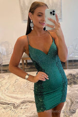 Sheath V-Neck Beaded Satin Homecoming Dress with Appliques