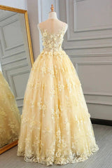 Sheer Appliques Lace A Line Yellow Evening Prom Dresses