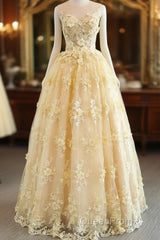 Sheer Appliques Lace A Line Yellow Evening Prom Dresses