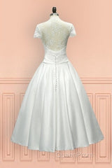Sheer Back Satin Buttons Tea Length Cap Sleeves Wedding Dresses