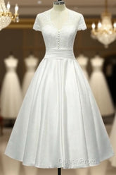Sheer Back Satin Buttons Tea Length Cap Sleeves Wedding Dresses