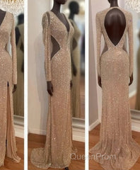 Sheer Sexy Sequins Long Sleeves Evening Prom Dresses