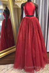 Shiny 2 Pieces Halter Neck Red Long Evening Prom Dresses, Two Pieces Red Formal Graduation Evening Dresses