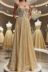 Shiny A Line Spaghetti Straps Gold Evening Prom Dresses Long, Sweetheart Neck Golden Formal Dresses, Gold Tulle Evening Dresses WT1856