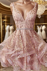 Shiny A Line V Neck Short Champagne Lace Evening Prom Dresses, Short Champagne Lace Formal Homecoming Dresses