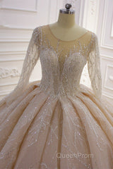 Shiny Ball Gown Tulle Jewel Long Sleevess Ruffless Wedding Dresses