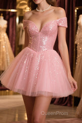 Shiny Beadings Off the Shoulder Pink Short Homecoming Evening Prom Dresses, Off Shoulder Pink Beaded Formal Graduation Evening Dresses