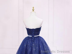 Shiny Blue Tulle Sweetheart Homecoming Dress Party Dress, Navy Blue Short Prom Dress