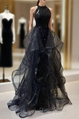 Shiny Halter Sequin Tulle Layered Long Evening Prom Dresses Black Evening Dresses Wedding Dresses