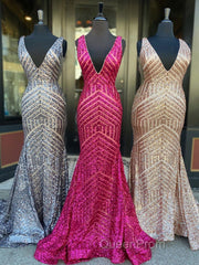 Shiny Mermaid Long V Neck Red Sequins Evening Prom Dresses
