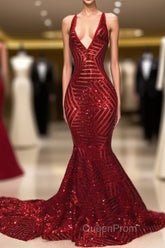Shiny Mermaid Long V Neck Red Sequins Evening Prom Dresses