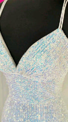 Shiny Mermaid Sequins Long White Evening Prom Dresses V Neck Sleeveless Formal Dresses