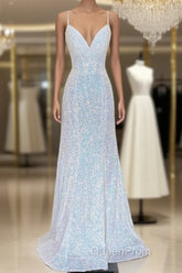 Shiny Mermaid Sequins Long White Evening Prom Dresses V Neck Sleeveless Formal Dresses