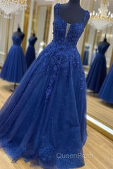 Shiny Navy Blue Lace Evening Prom Dresses, Navy Blue Lace Formal Graduation Dresses