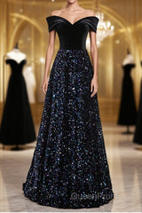 Shiny Off the Shoulder Black Evening Prom Dresses with Corset Back, Shiny Black Long Formal Evening Dresses