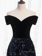 Shiny Off the Shoulder Black Evening Prom Dresses with Corset Back, Shiny Black Long Formal Evening Dresses