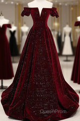 Shiny Off The Shoulder Burgundy Long Evening Prom Dresses, Wine Red Long Formal Evening Dresses