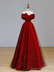 Shiny Off the Shoulder Burgundy Long Prom Dresses, Wine Red Off Shoulder Formal Evening Dresses