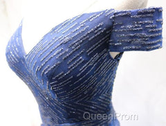 Shiny Off the Shoulder Navy Blue Long Evening Prom Dresses, Off Shoulder Blue Formal Evening Dresses