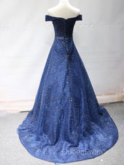 Shiny Off the Shoulder Navy Blue Long Evening Prom Dresses, Off Shoulder Blue Formal Evening Dresses