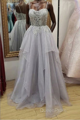 Shiny Open Back Gray Lace Long Evening Prom Dresses, Gray Lace Formal Dresses, Long Grey Evening Dresses