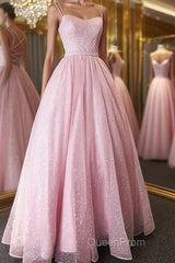Shiny Pink Backless Long Evening Prom Dresses, Pink Open Back Long Formal Evening Dresses