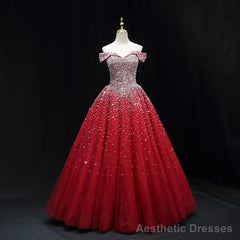 Shiny Red Sequins Pretty Long Formal Dress, Dark Red Sweet 16 Dresses