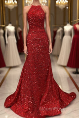 Shiny Sequins Backless Mermaid Red Long Evening Prom Dresses, Mermaid Red Formal Dresses, Backless Red Evening Dresses