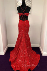 Shiny Sequins Backless Mermaid Red Long Evening Prom Dresses, Mermaid Red Formal Dresses, Backless Red Evening Dresses