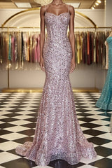 Shiny Sequins Mermaid Pink Long Evening Prom Dresses, Sweetheart Neck Pink Formal Dresses, Mermaid Pink Evening Dresses