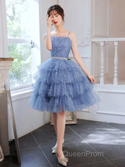 Shiny Short Puffy Blue Evening Prom Dresses A-Line Puffy Homecoming Dresses