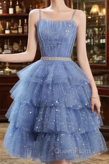 Shiny Short Puffy Blue Evening Prom Dresses A-Line Puffy Homecoming Dresses