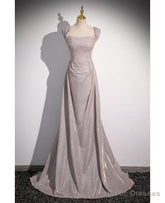 Shiny Silver Simple Long Pleats Prom Dress with Off Shoulder Straps