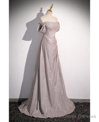 Shiny Silver Simple Long Pleats Prom Dress with Off Shoulder Straps