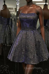 Shiny Strapless Open Back Short Black Evening Prom Dresses, Open Back Black Homecoming Dresses, Black Formal Evening Dresses